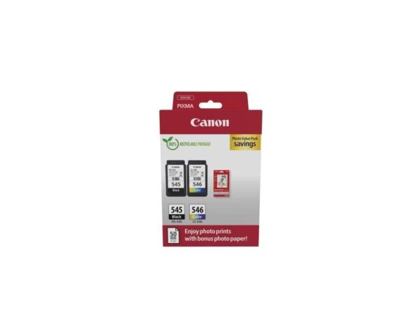 Canon Ink & Paper Multipack - PG-545/CL-546 Genuine Printer Cartridges 2 Pack (1 x Black 1 Colour) 4x6 Photo (50 Sheets) Compatible with PIXMA TR IP MG MX TS