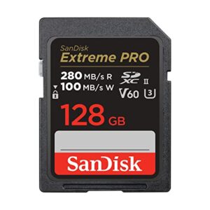 SanDisk 128GB Extreme PRO SDXC card SD V60 Memory 6K & 4K UHD up to 280 MB/s Shock Temperature Water and X-Ray Proof RescuePro Deluxe data recovery software UHS-II Class 10 U3