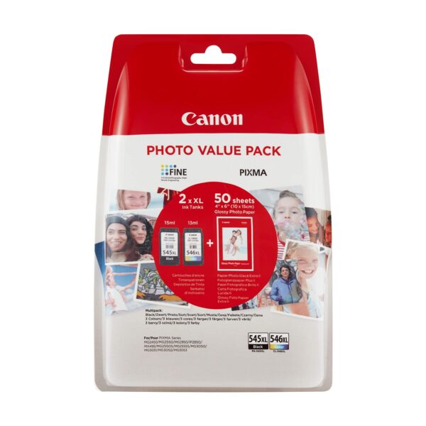 Canon PG-545 XL CL-546 VALUE Pack of 2 cartridges (Black Colour XL) + 50 sheets 10x15cm Photo Paper Genuine (Plastic Pack)