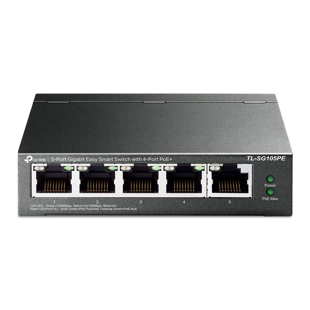 TP-Link Managed PoE Network Switch 5-Port Gigabit 4 PoE+ ports up to 30 W for each port and 65 all Support monitoring traffic prioritization VLAN(TL-SG105PE)