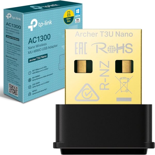 TP-Link AC1300 Nano Wireless MU-MIMO USB 20 Adapter Dual-Band Miniature Design Supports Windows 10/81/8/7 Mac OS 1015 and earlier Highly Secure WPA3 Easy Setup (Archer T3U Nano)
