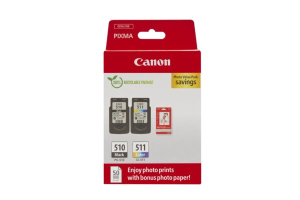 Canon PG-510 / CL-511 Genuine Ink Cartridges Pack of 2 (1 x Black 1 Colour) Includes 50 sheets 4x6 Photo Paper - Cardboard Multipack