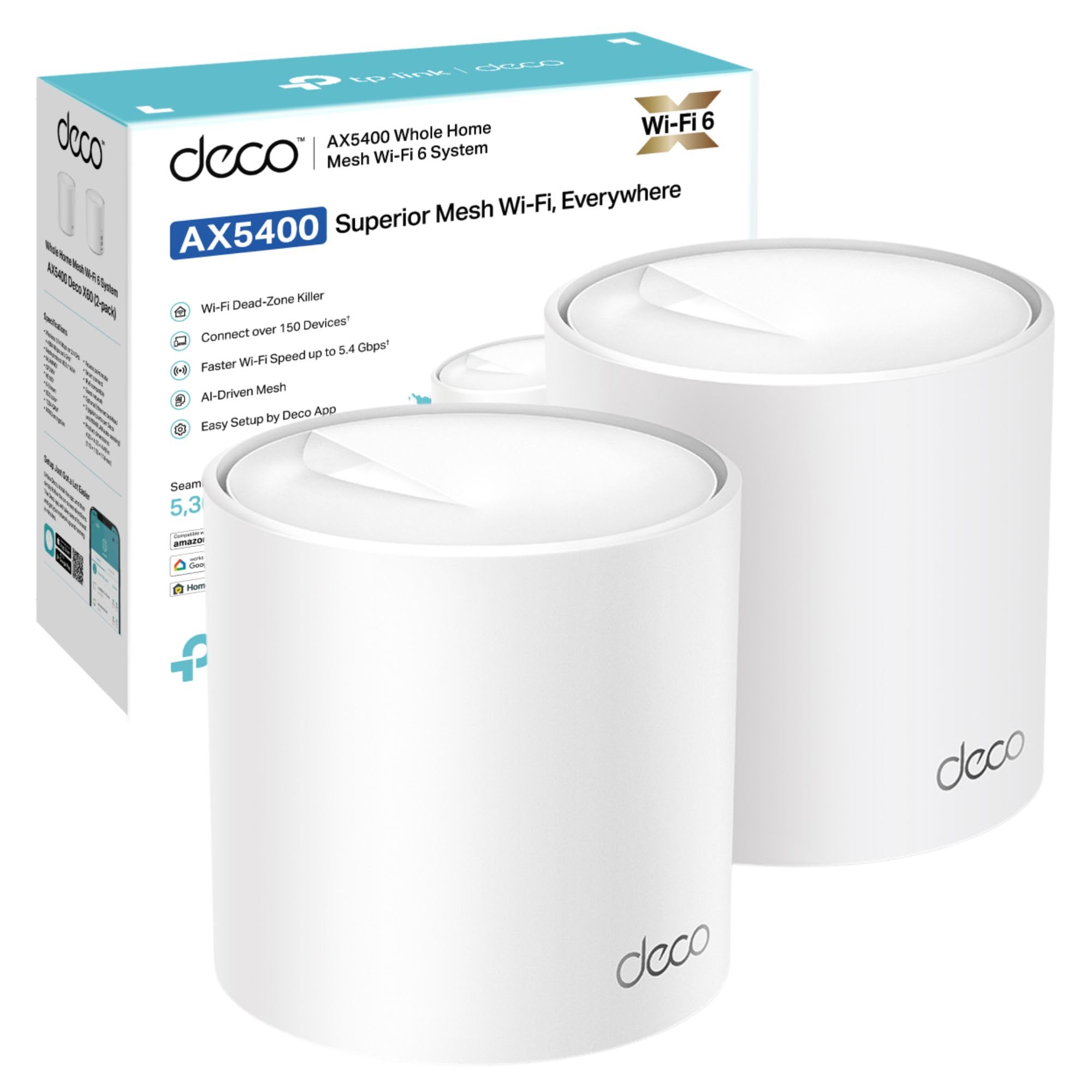 TP-Link Deco X60 AX5400 Whole Home Mesh Wi-Fi 6 System Up to 5300 Sq ft Coverage 1 GHz Quad-Core CPU Compatible with Amazon Alexa HomeShield Security Pack of 2