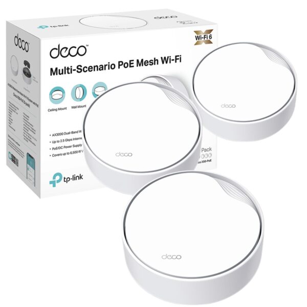 TP-Link Deco X50-PoE AX3000 Whole Home Mesh Wi-Fi 6 System with PoE Dual-Band AI-Driven cover up to 6500 ft2 Connect 150 devices 10 GHz Dual-Core CPU HomeShield Pack of 3