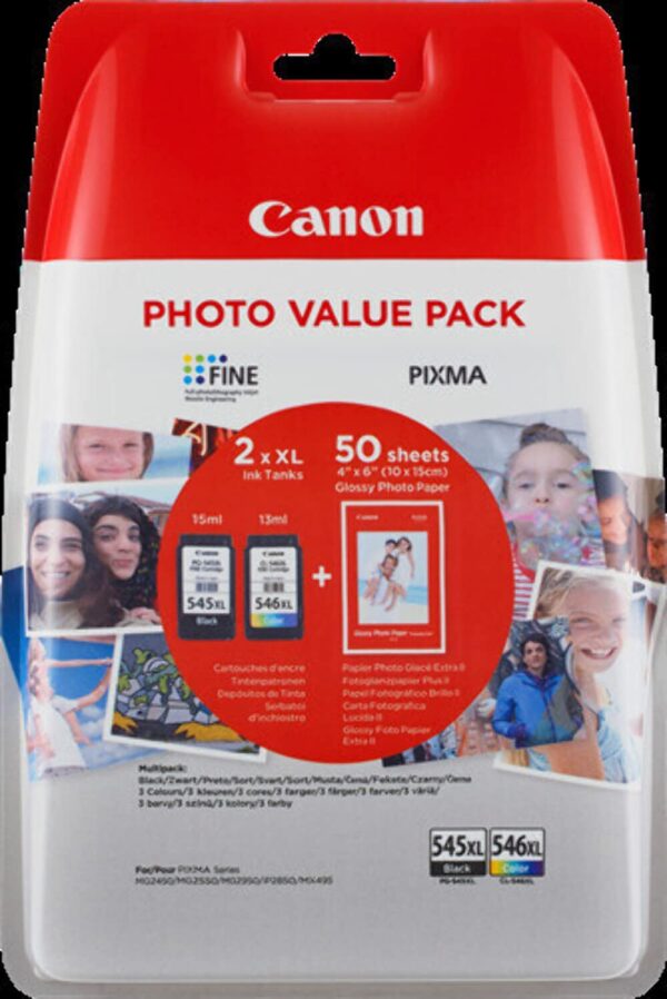 Canon PG-545 XL CL-546 VALUE SEC Pack of 2 cartridges (Black Colour XL) + 50 sheets 10x15cm Photo Paper Genuine (Plastic )