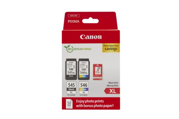 Canon PG-545 XL CL-546 VALUE SEC Pack of 2 cartridges (Black Colour XL) + 50 sheets 10x15cm Photo Paper Genuine (Recycled Cardboard Multipack)