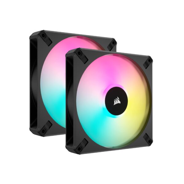 Corsair iCUE AF140 RGB ELITE 140mm PWM Dual Fan Kit - Eight LEDs Per AirGuide Technology Fluid Dynamic Bearing Zero RPM Mode Included Lighting Node CORE Controller Black