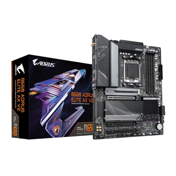 Gigabyte B650 AORUS ELITE AX V2 Motherboard - Supports AMD AM5 CPUs 12+2+2 Phases Digital VRM up to 8000MHz DDR5 (OC) 1xPCIe 50 + 2xPCIe 40 M2 Wi-Fi 6E 25GbE LAN USB 32 Gen 2