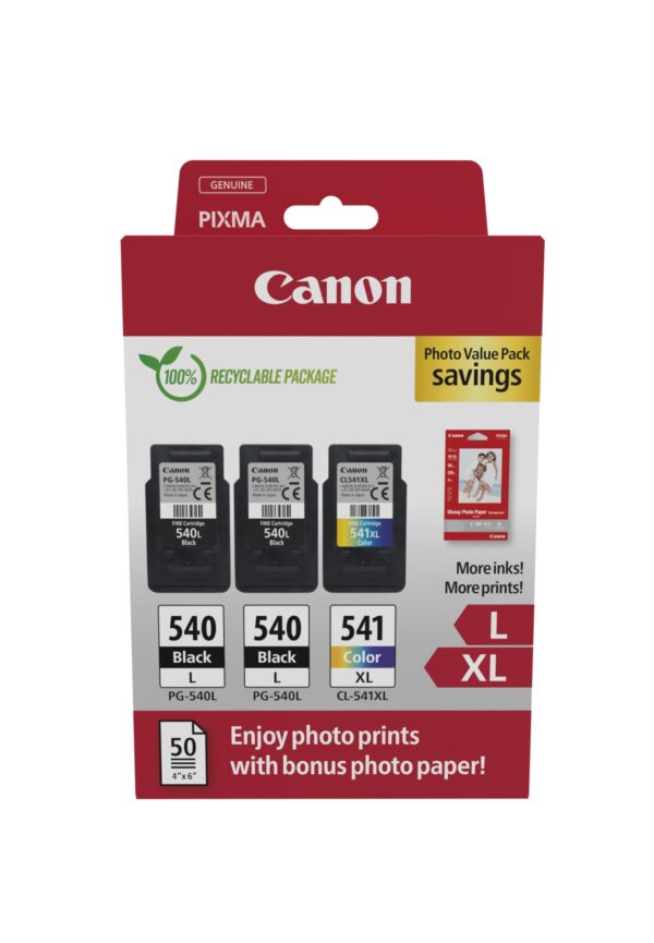 Canon PG-540L x 2 / CL-541XL High Yield Genuine Ink Cartridges Pack of 3 (2 Black 1 Colour) Includes 50 sheets 4x6 Photo Paper - Cardboard Multipack