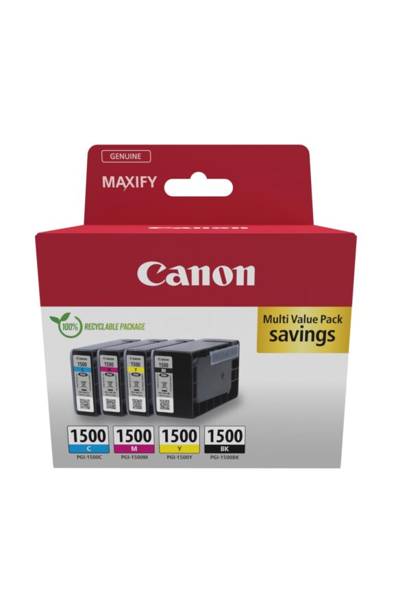 Canon Ink - PGI-1500 C M Y BK Genuine Colour Printer Cartridges 4 Pack (1 x Black 1 Cyan Magenta & Yellow) Maxify Compatible