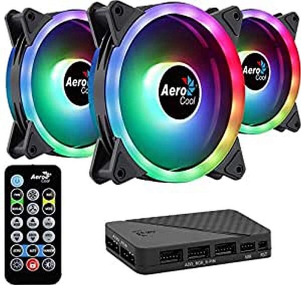 AeroCool Duo 12 Pro Pack 3 x ARGB Fans 120mm 1 H66F RGB Fan Hub Remote control Double LED Ring and 18 LEDs Includes 6-pin connector Curved Blades Anti-Vibration Pads 12v Black