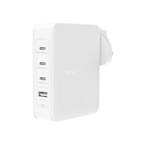 Belkin 140W 4-Port GaN Wall Charger Multi-Port Travel Plug w/ USB-C Power Delivery Fast Charge & USB-A Port phone for iPhone Samsung Galaxy Google Pixel iPad MacBook laptop tablet more
