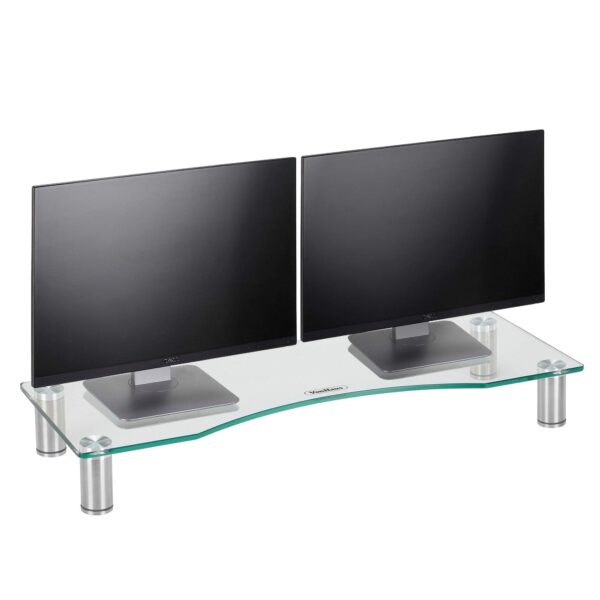 VonHaus Glass Monitor Stand for Desks Height Adjustable Dual Screen Riser Large Durable Tempered with Aluminium Legs 70x24cm 20Kg Capacity