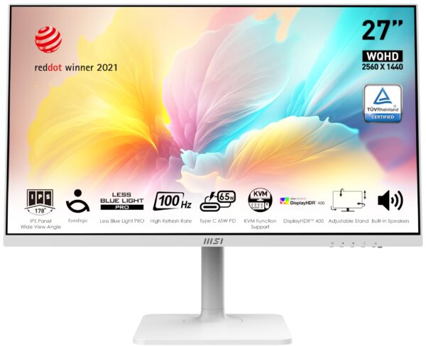 MSI Modern MD272QXPW 27 Inch WQHD Office Monitor - 2560 x 1440 IPS Panel 100 Hz Eye-Friendly Screen DisplayHDR 400 Built-in Speakers 4-Way Adjustable KVM DP 12a HDMI 20b USB Type-C