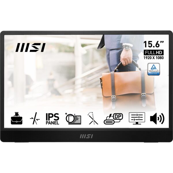 MSI PRO MP161 E2 156 Inch Full HD Portable Monitor - 1920 x 1080 IPS Panel 60Hz Eye-Friendly Screen (PC Laptop Mobile) Speakers Enhanced Chassis & Kickstand Mini-HDMI 20b 2 USB Type-C