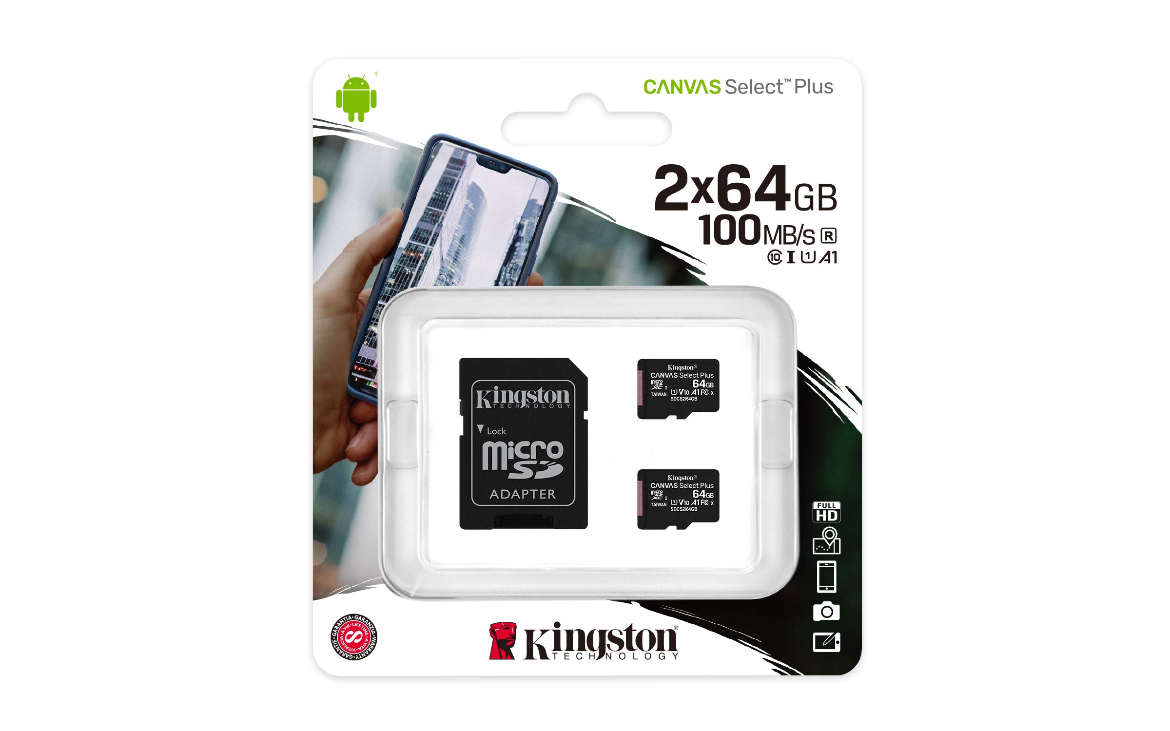 Kingston Canvas Select Plus microSD Card SDCS2/64 GB-2P1A Class 10 (2 x cards SD Adapter Included)