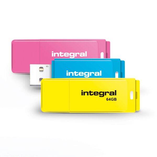 Integral 64GB Neon USB 20 Flash Drive 3-Pack (Pink/Blue/Yellow)
