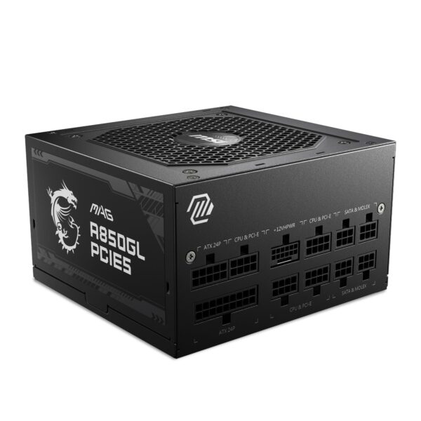 MSI MAG A850GL PCIE5 Power Supply Unit 850W 80 Plus Gold Fully Modular ATX 30 PCIe 50 GPU Support Black Flat Cables 7 Year Warranty