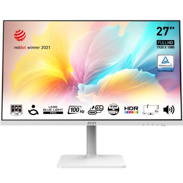 MSI Modern MD272XPW 27 Inch FHD Office Monitor - 1920 x 1080 IPS Panel 100 Hz Eye-Friendly Screen HDR Ready Built-in Speakers 4-Way Adjustable KVM DP 12a HDMI 14b USB Type-C