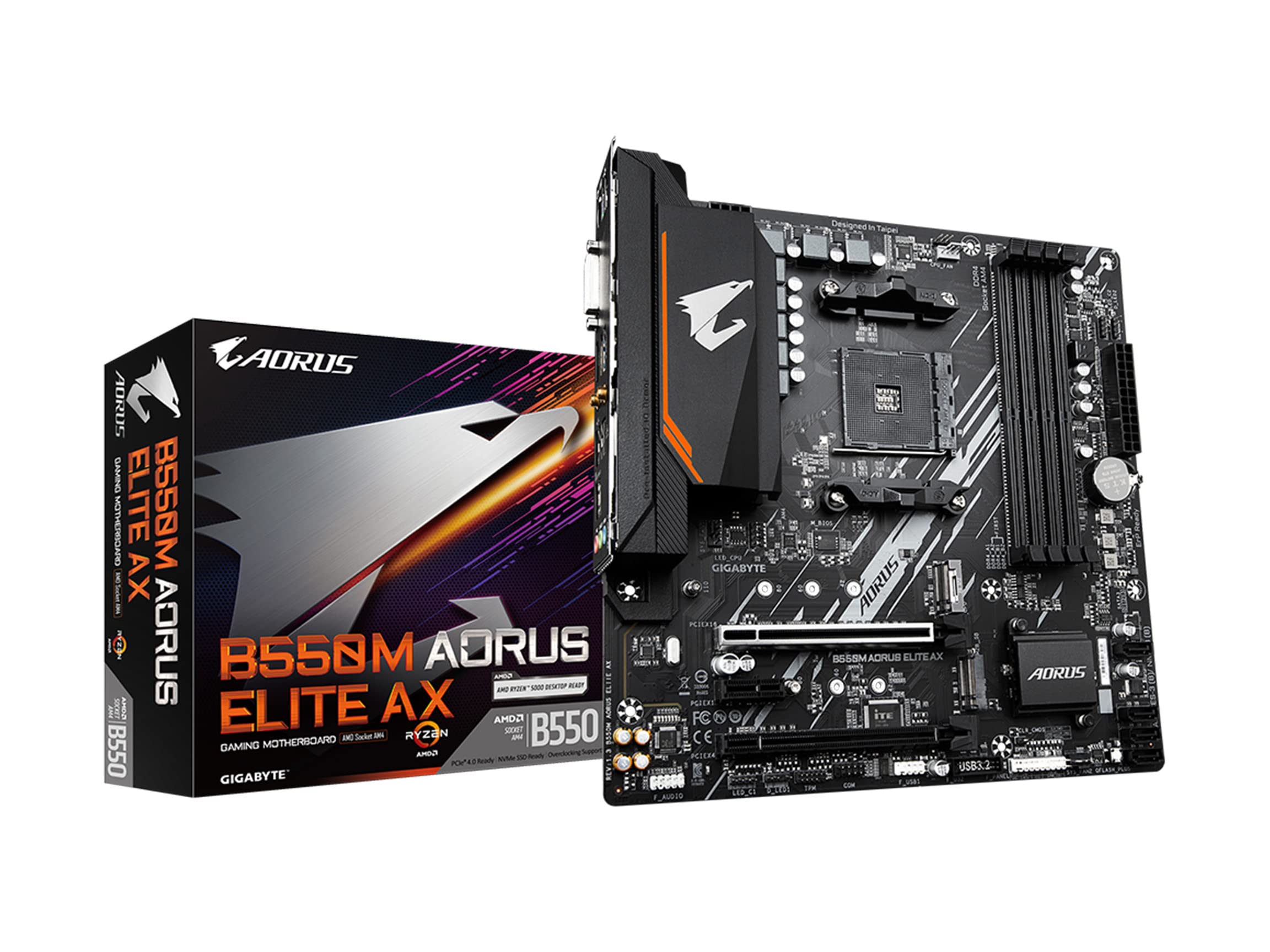 Gigabyte B550M AORUS ELITE AX Motherboard - Supports AMD Ryzen 5000 CPUs 5+3 Phases Pure Digital VRM up to 4733MHz DDR5 (OC) 1xPCIe 40 M2 Wi-Fi 6E GbE LAN USB 32 Gen 2