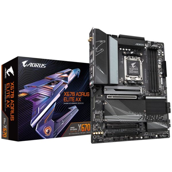 Gigabyte X670 AORUS ELITE AX Motherboard - Supports AMD Ryzen 8000 Series AM5 CPUs 16+2+2 Phases Digital VRM up to 8000MHz DDR5 (OC) 1xPCIe 50 + 4xPCIe 40 M2 Wi-Fi 6E 25GbE LAN USB 32 Gen2