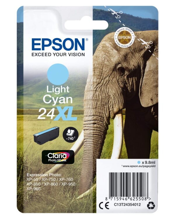 Epson 24XL Light Cyan Elephant High Yield Genuine Claria Photo HD Ink Cartridge XL Capacity