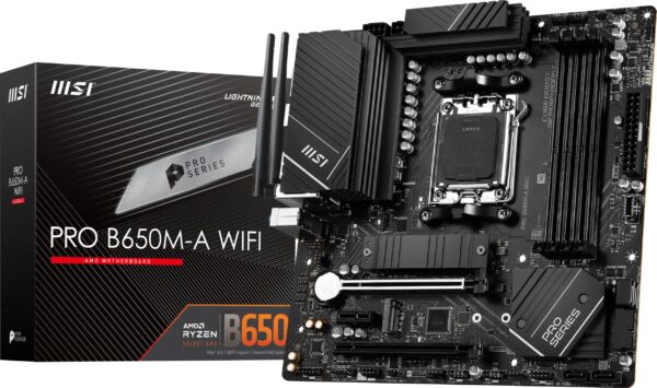 MSI PRO B650M-A WiFi ProSeries Motherboard (AMD Ryzen 9000/8000/7000 Series Processors AM5 DDR5 PCIe 40 M2 SATA 6Gb/s USB 32 Gen 2 HDMI/DP Wi-Fi 6E Bluetooth 53 25Gbps LAN mATX)