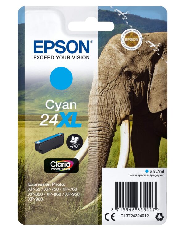 Epson 24XL Cyan Elephant High Yield Genuine Claria Photo HD Ink Cartridge XL Capacity
