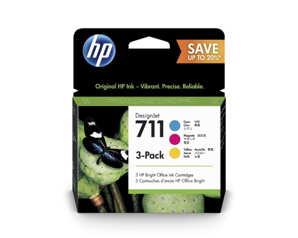 HP 711 P2V32A 3-Pack Cyan Magenta & Yellow 28-ml Genuine Ink Cartridge Colour for DesignJet T120 T125 T130 T520 T525 T530 Large Format Plotter Printers and Printhead