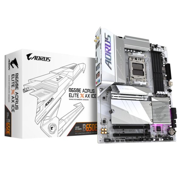 Gigabyte B650E AORUS ELITE X AX ICE Motherboard - Supports AMD Ryzen 8000 CPUs 12+2+2 phases VRM up to 8000MHz DDR5 (OC) 1xPCIe 50 M2 + 2xPCIe 40 Wi-Fi 6E 25GbE LAN USB 32 Gen 2