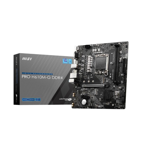 MSI PRO H610M-G DDR4 Motherboard Micro-ATX - Supports Intel 12th Gen Core Processors LGA 1700 2 x DIMMs (3200MHz) 1x PCIe 40 x16 slot 1 M2 Gen3 USB 32 Gen1 1G LAN HDMI 21 & DP 14